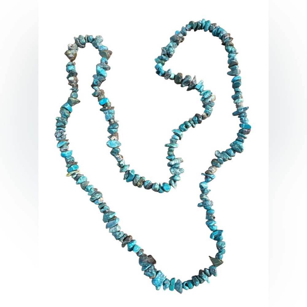 Vintage Natural Turquoise Rough Nugget Chip Necklace 32” Blue Green Turquoise